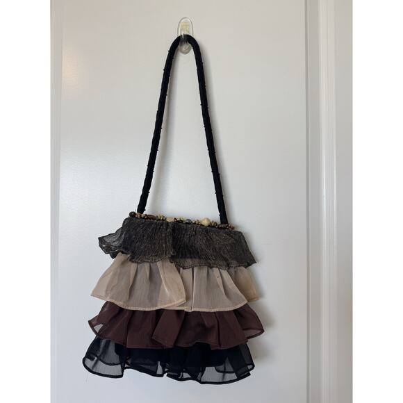 Y2K Boho Beaded Ruffle Purse Brown Black Tulle Boho Mini Bag VTG Indie Sleaze - Picture 3 of 6
